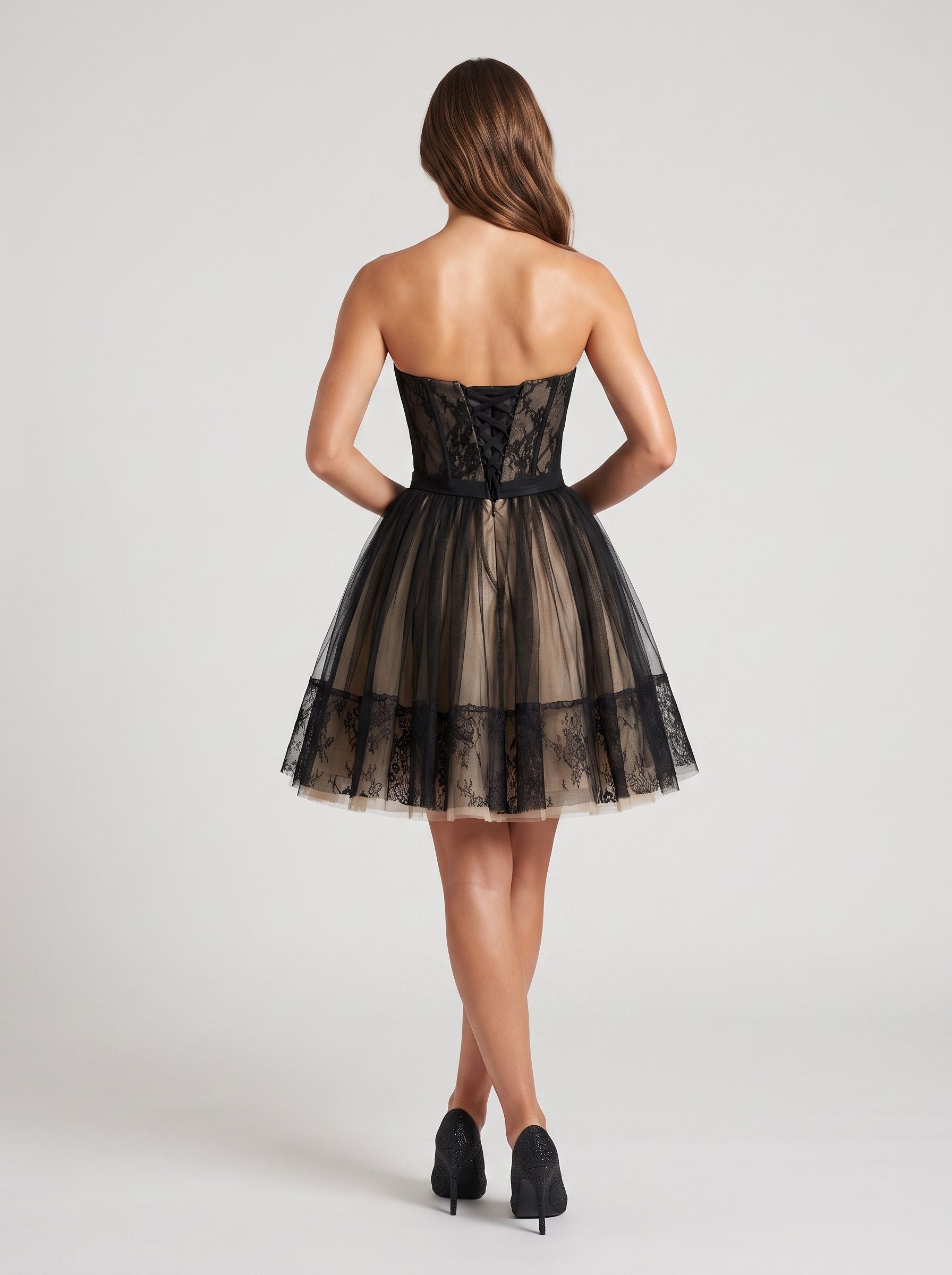 Black Tulle A-Line Sweetheart Lace-up Short Dress with Puffy Skirt - Curvevia
