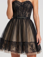 Black Tulle A-Line Sweetheart Lace-up Short Dress with Puffy Skirt - Curvevia