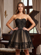 Black Tulle A-Line Sweetheart Lace-up Short Dress with Puffy Skirt - Curvevia