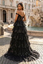 Periwinkle Tulle Appliques Off-the-Shoulder Ruffle Long Wedding Guest Dress - Curvevia