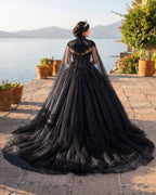 Royal Blue Tulle Ball Gown Prom Dress With Cape - Curvevia