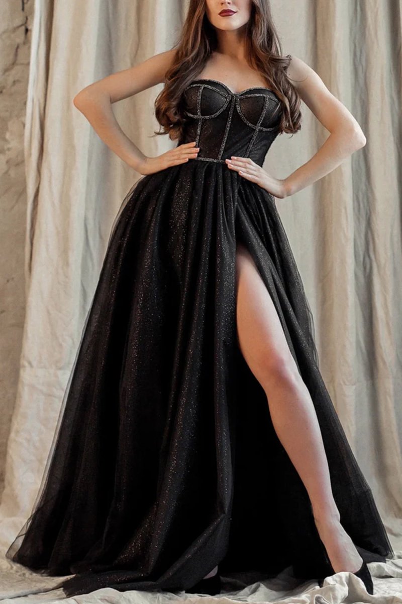 Black Shiny Tulle Floor Length Mother of the Bride Dress Black Mother of the Bride Dress with Slit - Curvevia