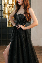 Black Shiny Tulle Floor Length Mother of the Bride Dress Black Mother of the Bride Dress with Slit - Curvevia