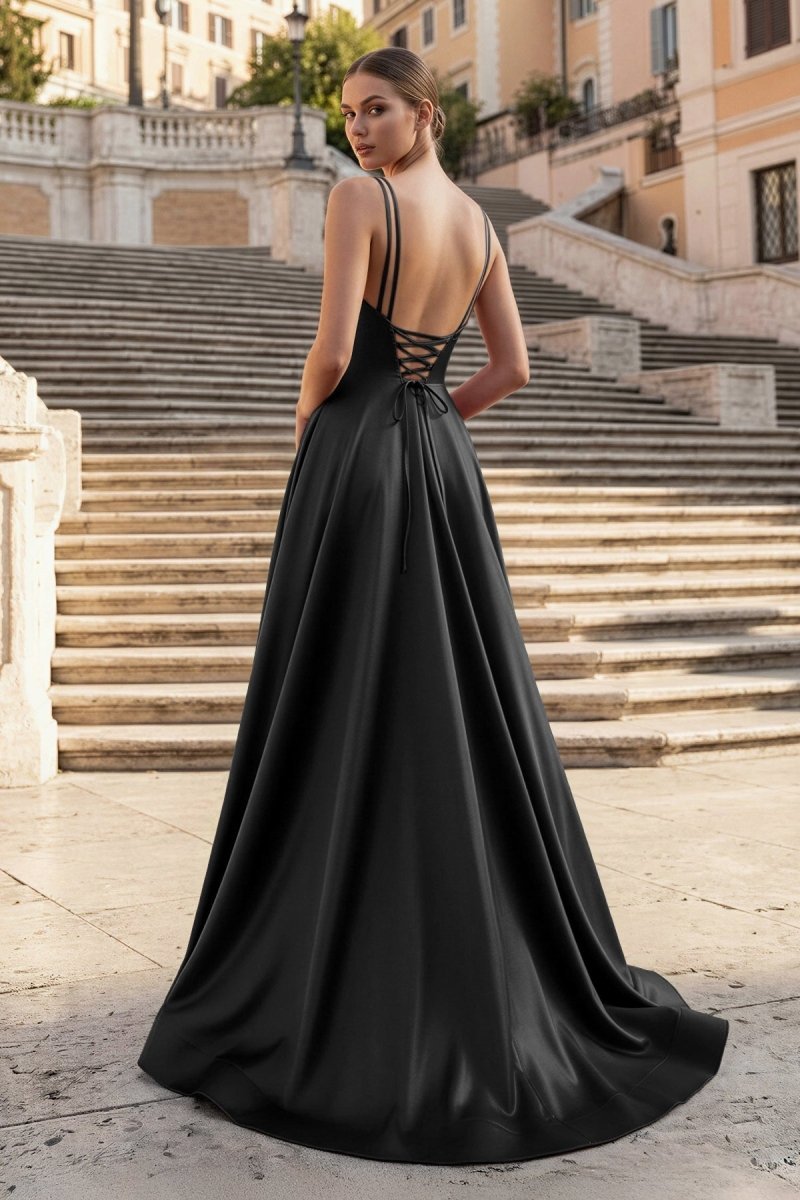 Burgundy Spaghetti Straps A Line Satin Long Prom Dresses With Slit - Curvevia