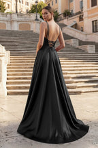 Burgundy Spaghetti Straps A Line Satin Long Prom Dresses With Slit - Curvevia