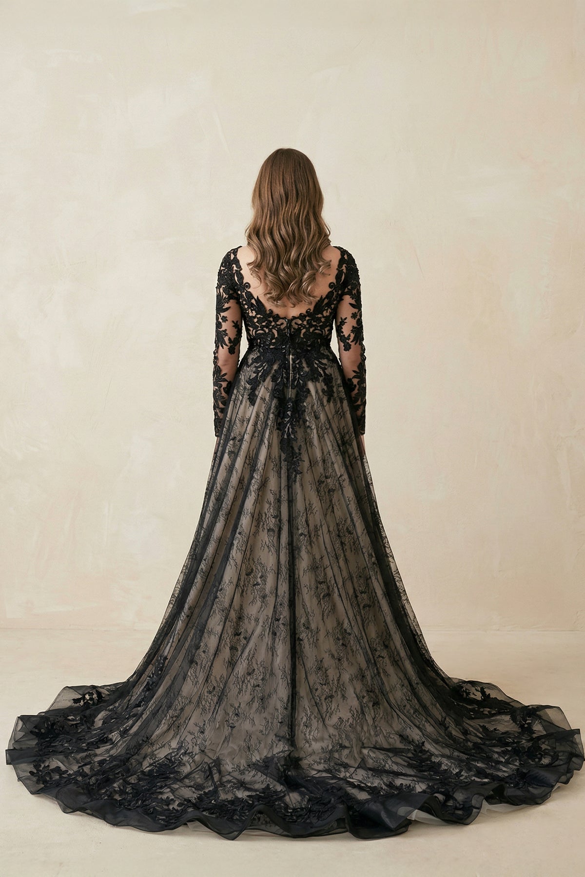 Modern Gothic Boho Lace Black Wedding Dress Vintage Unique A-Line Long Sleeve Bridal Gown with Court Train - Curvevia