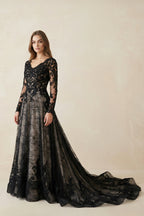 Modern Gothic Boho Lace Black Wedding Dress Vintage Unique A-Line Long Sleeve Bridal Gown with Court Train - Curvevia
