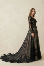 Modern Gothic Boho Lace Black Wedding Dress Vintage Unique A-Line Long Sleeve Bridal Gown with Court Train - Curvevia