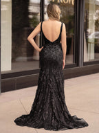 Mermaid V Neck Sequined Lace Evening Dress with Slit - Curvevia