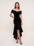 Black Velvet Mermaid Off-the-Shoulder Back Zip Floor-Length Dress with Cascading Ruffles - Curvevia