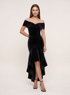 Black Velvet Mermaid Off-the-Shoulder Back Zip Floor-Length Dress with Cascading Ruffles - Curvevia