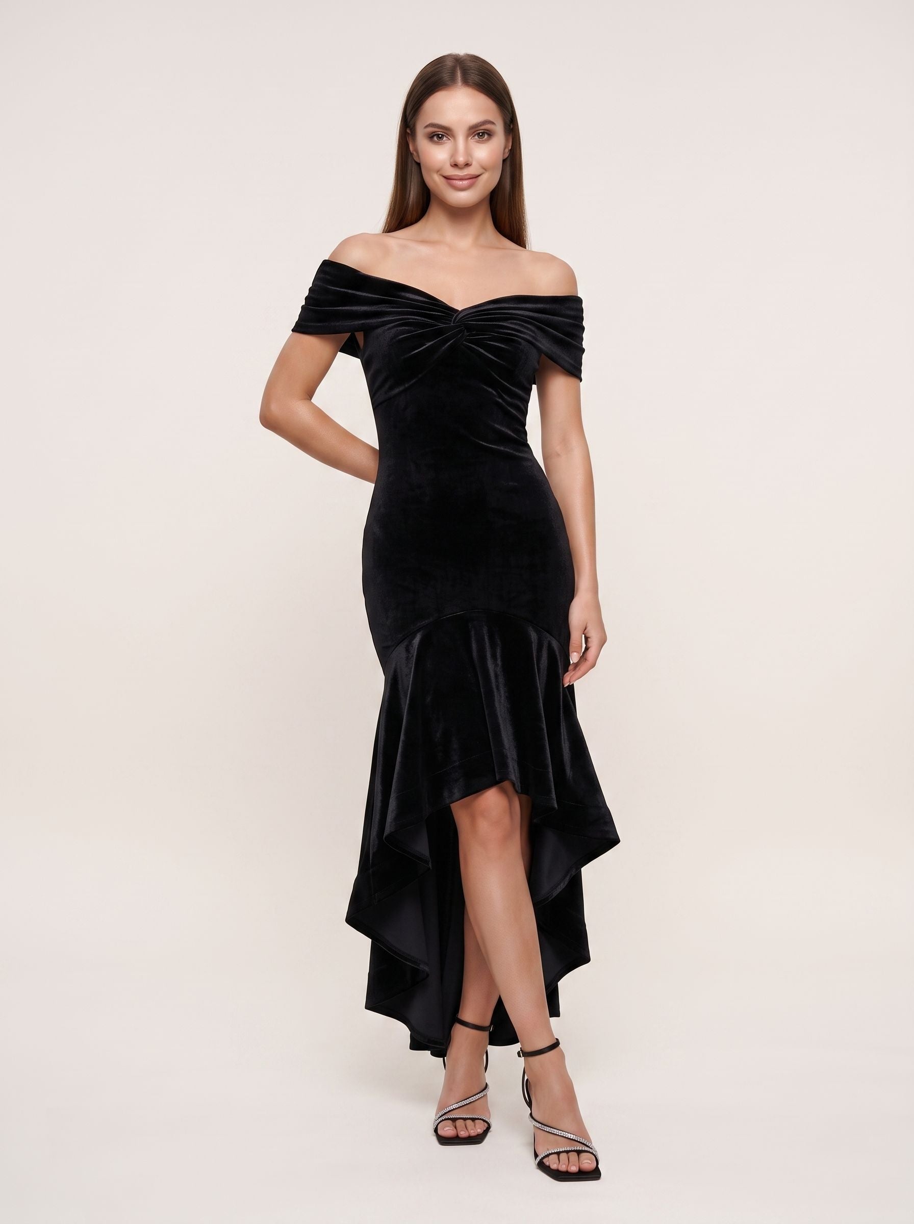 Black Velvet Mermaid Off-the-Shoulder Back Zip Floor-Length Dress with Cascading Ruffles - Curvevia