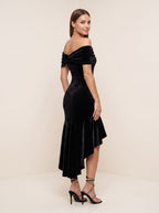 Black Velvet Mermaid Off-the-Shoulder Back Zip Floor-Length Dress with Cascading Ruffles - Curvevia