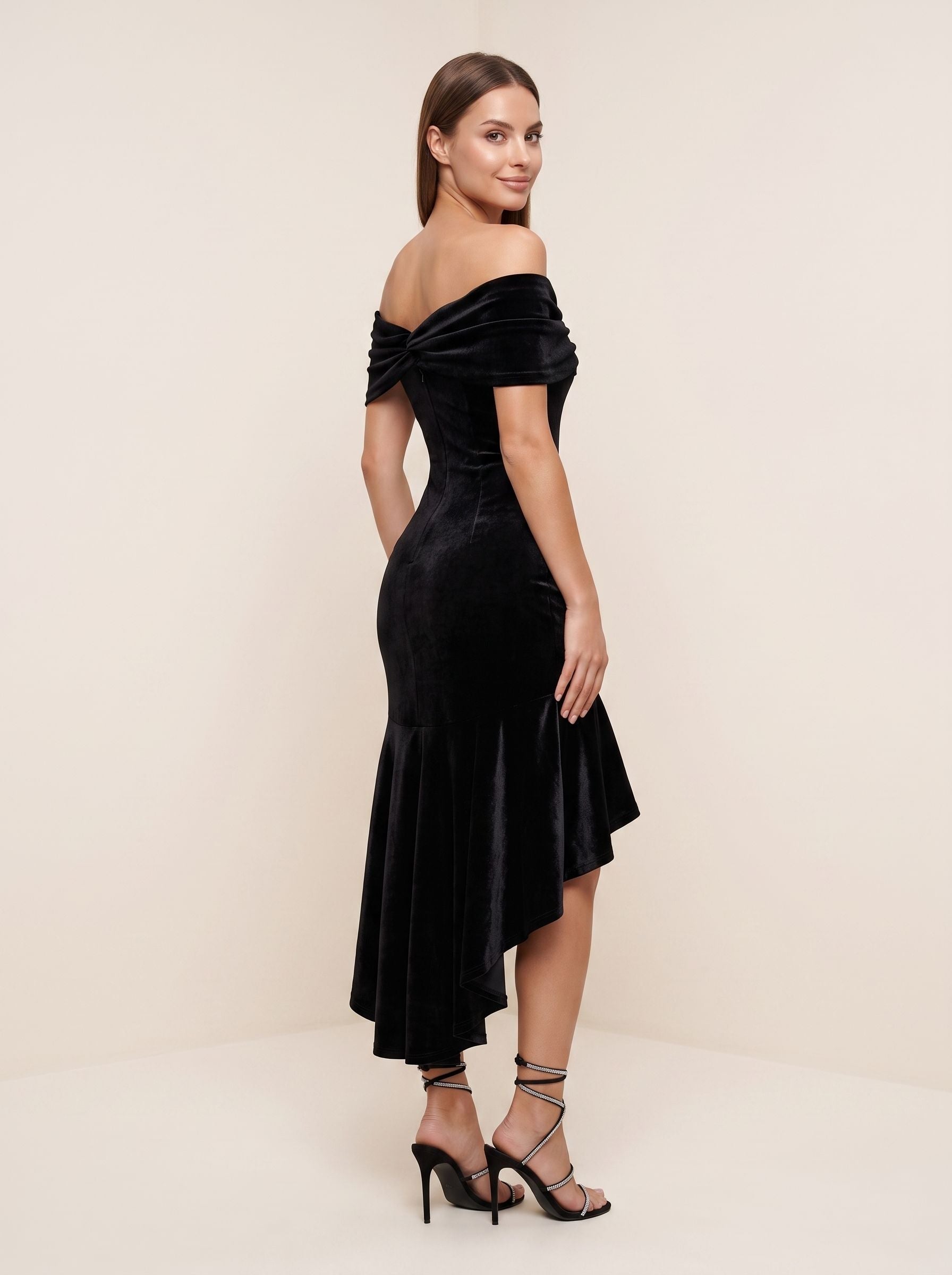 Black Velvet Mermaid Off-the-Shoulder Back Zip Floor-Length Dress with Cascading Ruffles - Curvevia