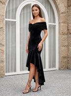 Black Velvet Mermaid Off-the-Shoulder Back Zip Floor-Length Dress with Cascading Ruffles - Curvevia