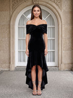 Black Velvet Mermaid Off-the-Shoulder Back Zip Floor-Length Dress with Cascading Ruffles - Curvevia