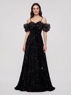 Black Tulle Sequin A-Line Off-the-Shoulder Lace-up Floor-Length Dress - Curvevia