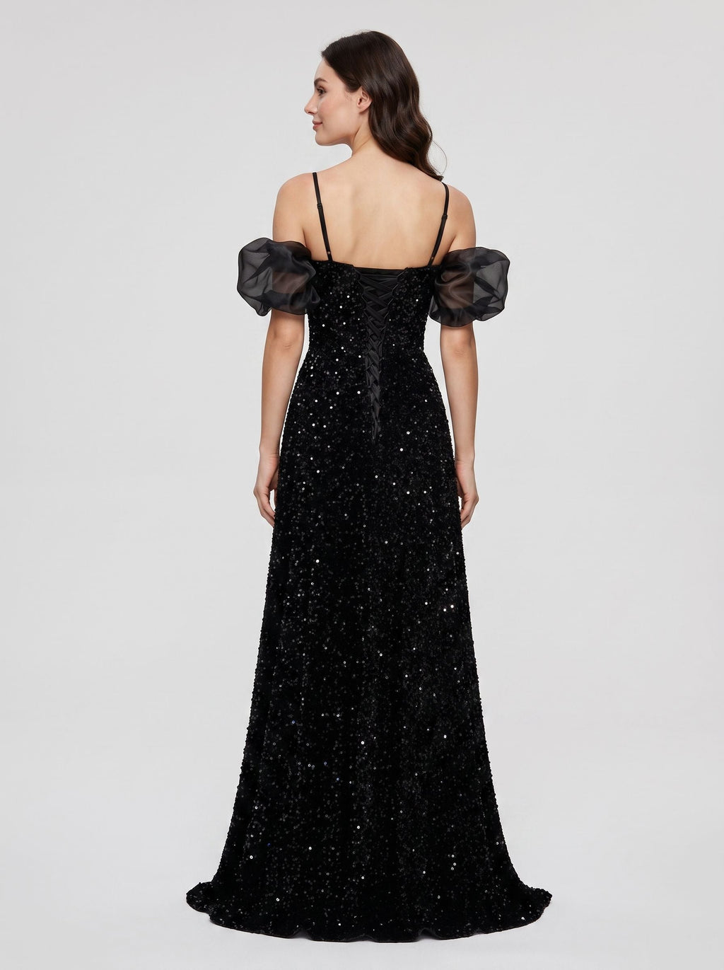 Black Tulle Sequin A-Line Off-the-Shoulder Lace-up Floor-Length Dress - Curvevia