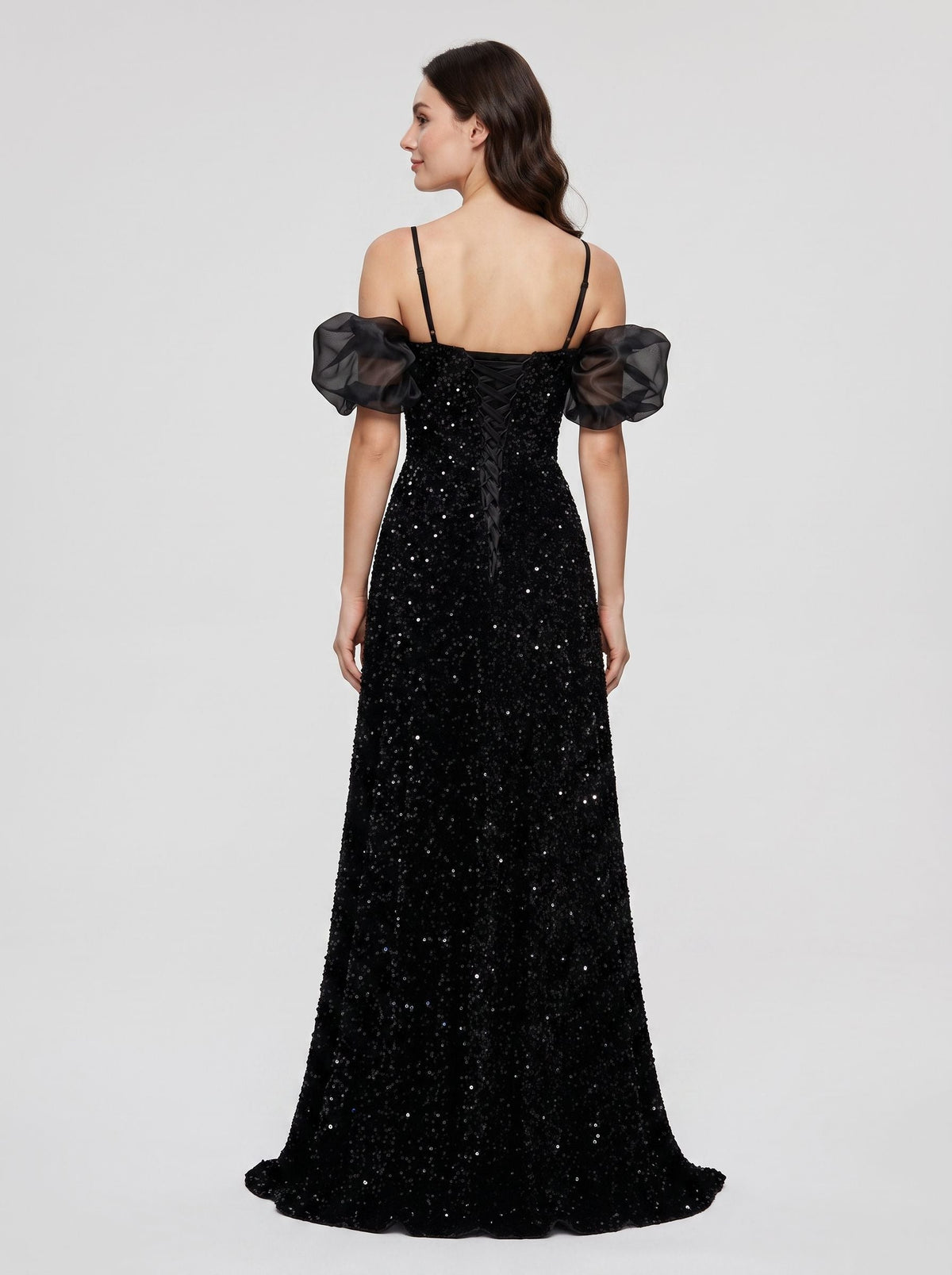 Black Tulle Sequin A-Line Off-the-Shoulder Lace-up Floor-Length Dress - Curvevia