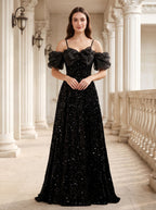 Black Tulle Sequin A-Line Off-the-Shoulder Lace-up Floor-Length Dress - Curvevia