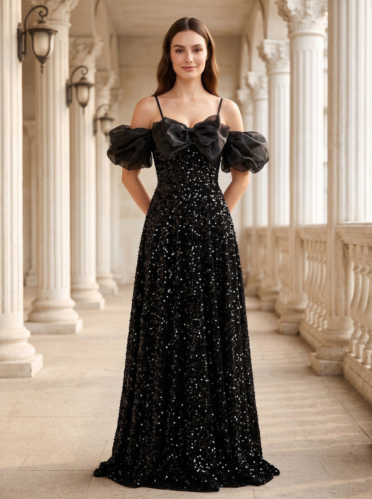 Black Tulle Sequin A-Line Off-the-Shoulder Lace-up Floor-Length Dress - Curvevia