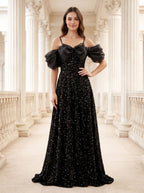 Black Tulle Sequin A-Line Off-the-Shoulder Lace-up Floor-Length Dress - Curvevia