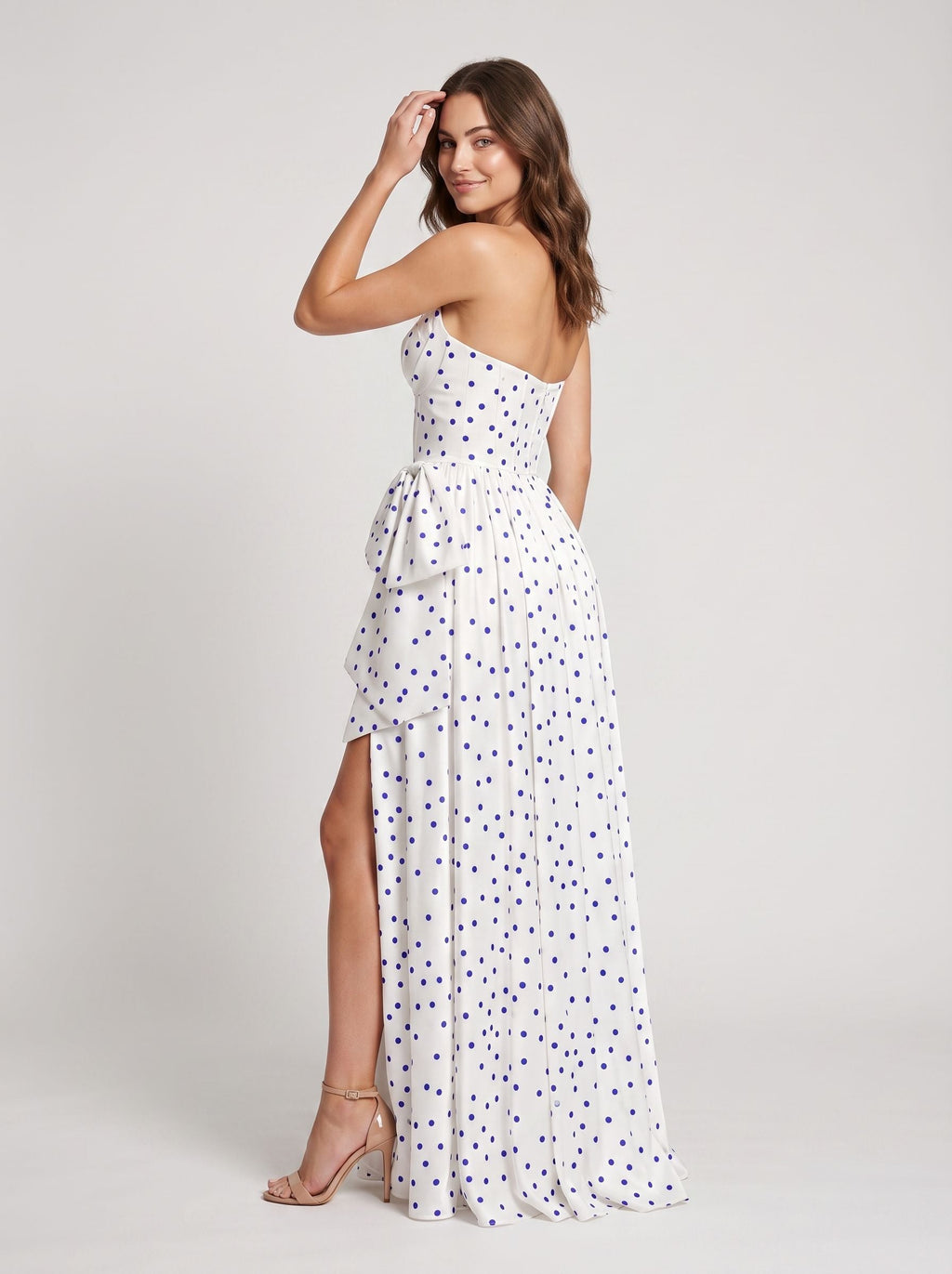 White Satin A-Line Sweetheart Back Zip Floor-Length Dress with Peplum Waist & Slit - Curvevia