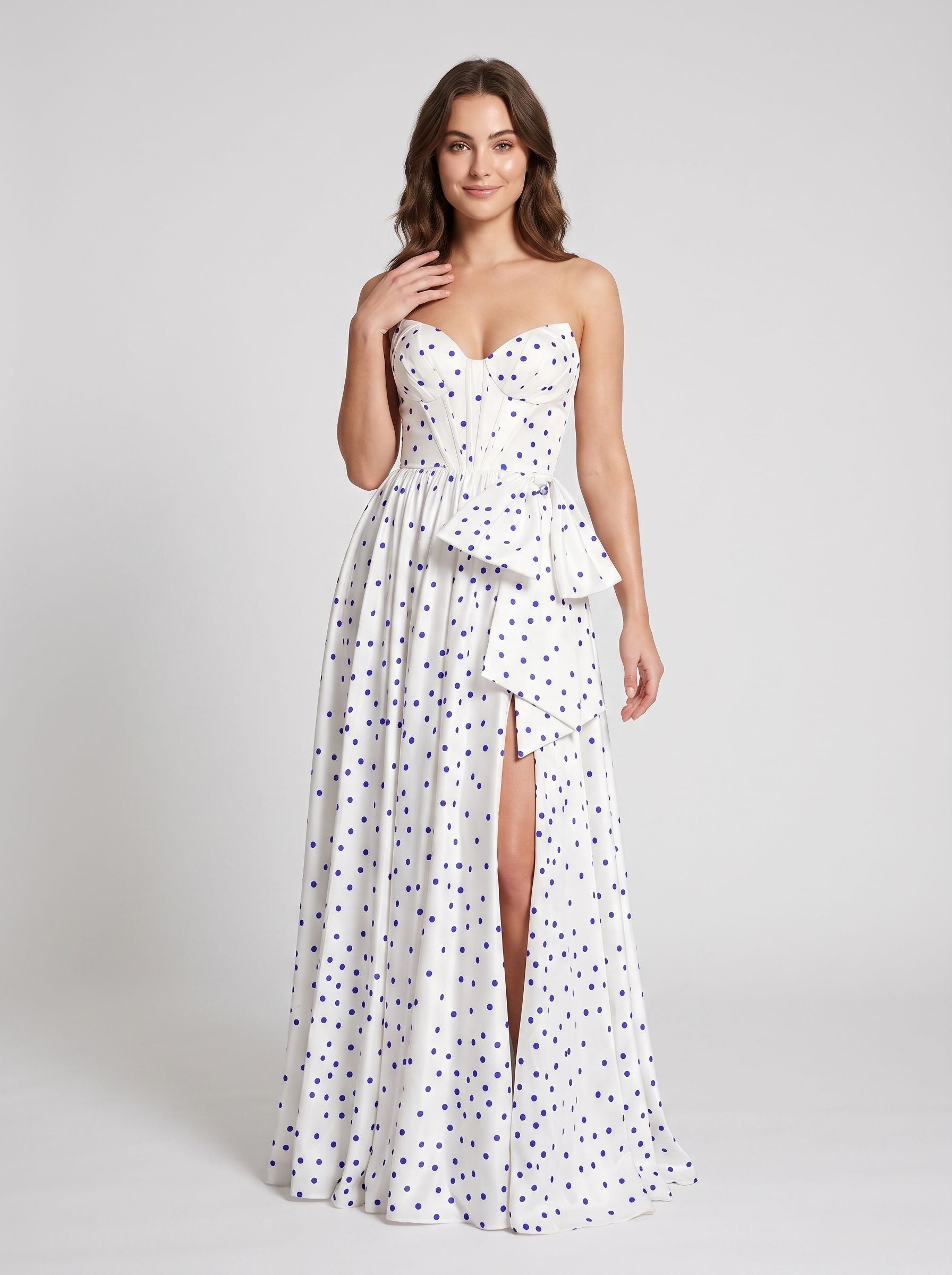White Satin A-Line Sweetheart Back Zip Floor-Length Dress with Peplum Waist & Slit - Curvevia