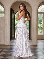 White Satin A-Line Sweetheart Back Zip Floor-Length Dress with Peplum Waist & Slit - Curvevia