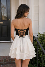White Black Sweetheart A-Line Ruffled Chiffon Homecoming Dress with Bow - Curvevia