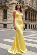 Yellow Mermaid Satin V Neck Long Prom Party Dress - Curvevia