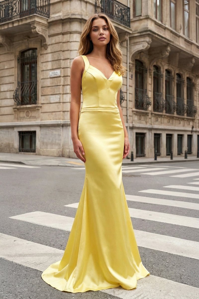 Yellow Mermaid Satin V Neck Long Prom Party Dress - Curvevia