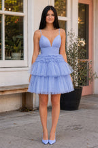 A-Line Deep V Neck Tiered Short Homecoming Dress - Curvevia