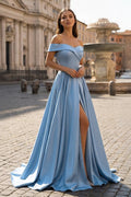 Off Shoulder Wedding Guest Dress Long Satin Formal Gowns with Slit - Curvevia