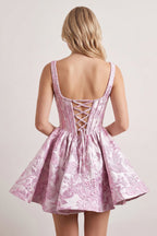 Blue A-Line Square Neck Jacquard Corset Homecoming Dress With Pearl - Curvevia