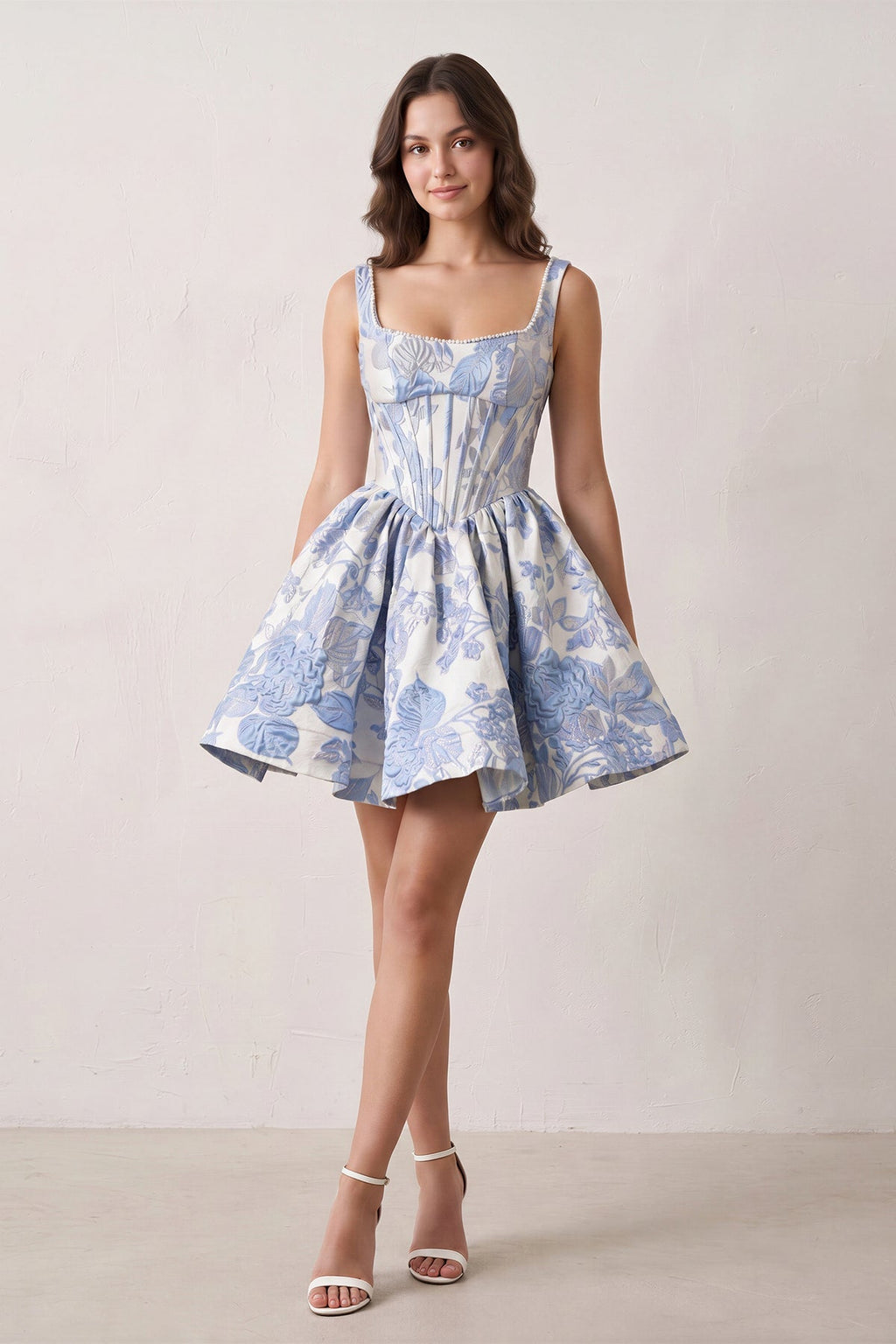 Blue A-Line Square Neck Jacquard Corset Homecoming Dress With Pearl - Curvevia