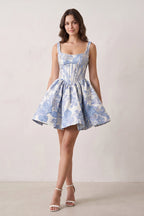 Blue A-Line Square Neck Jacquard Corset Homecoming Dress With Pearl - Curvevia