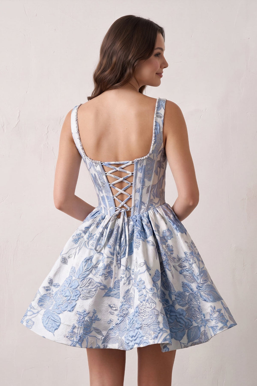 Blue A-Line Square Neck Jacquard Corset Homecoming Dress With Pearl - Curvevia