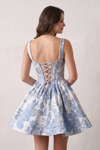 Blue A-Line Square Neck Jacquard Corset Homecoming Dress With Pearl - Curvevia