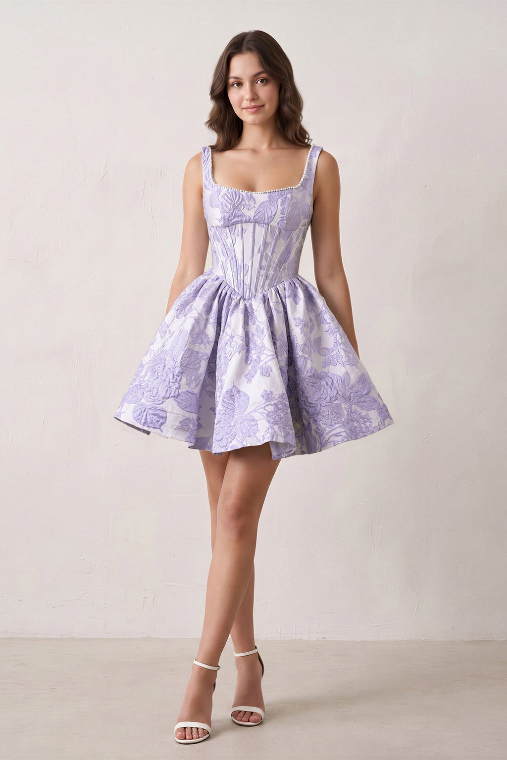 Blue A-Line Square Neck Jacquard Corset Homecoming Dress With Pearl - Curvevia
