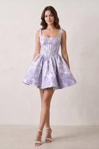 Blue A-Line Square Neck Jacquard Corset Homecoming Dress With Pearl - Curvevia