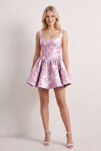 Blue A-Line Square Neck Jacquard Corset Homecoming Dress With Pearl - Curvevia