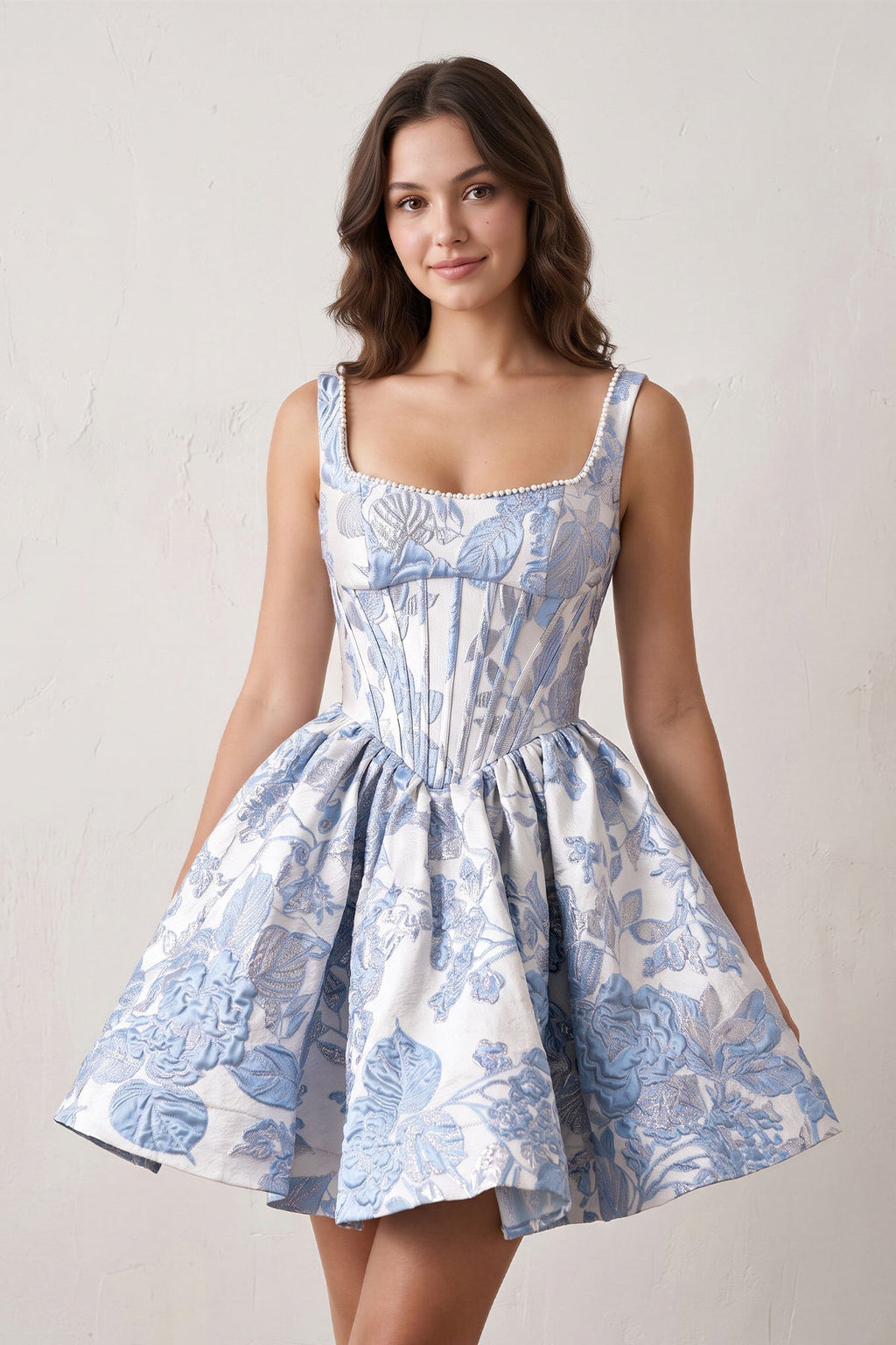 Blue A-Line Square Neck Jacquard Corset Homecoming Dress With Pearl - Curvevia
