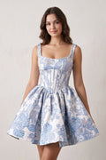 Blue A-Line Square Neck Jacquard Corset Homecoming Dress With Pearl - Curvevia
