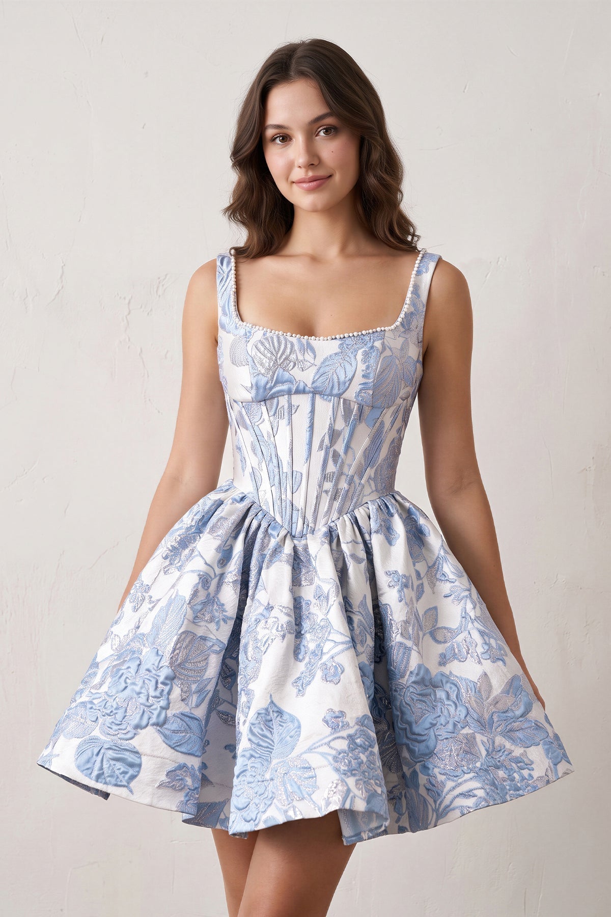 Blue A-Line Square Neck Jacquard Corset Homecoming Dress With Pearl - Curvevia