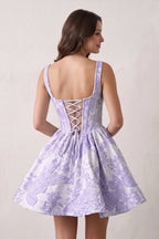 Blue A-Line Square Neck Jacquard Corset Homecoming Dress With Pearl - Curvevia