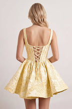 Blue A-Line Square Neck Jacquard Corset Homecoming Dress With Pearl - Curvevia