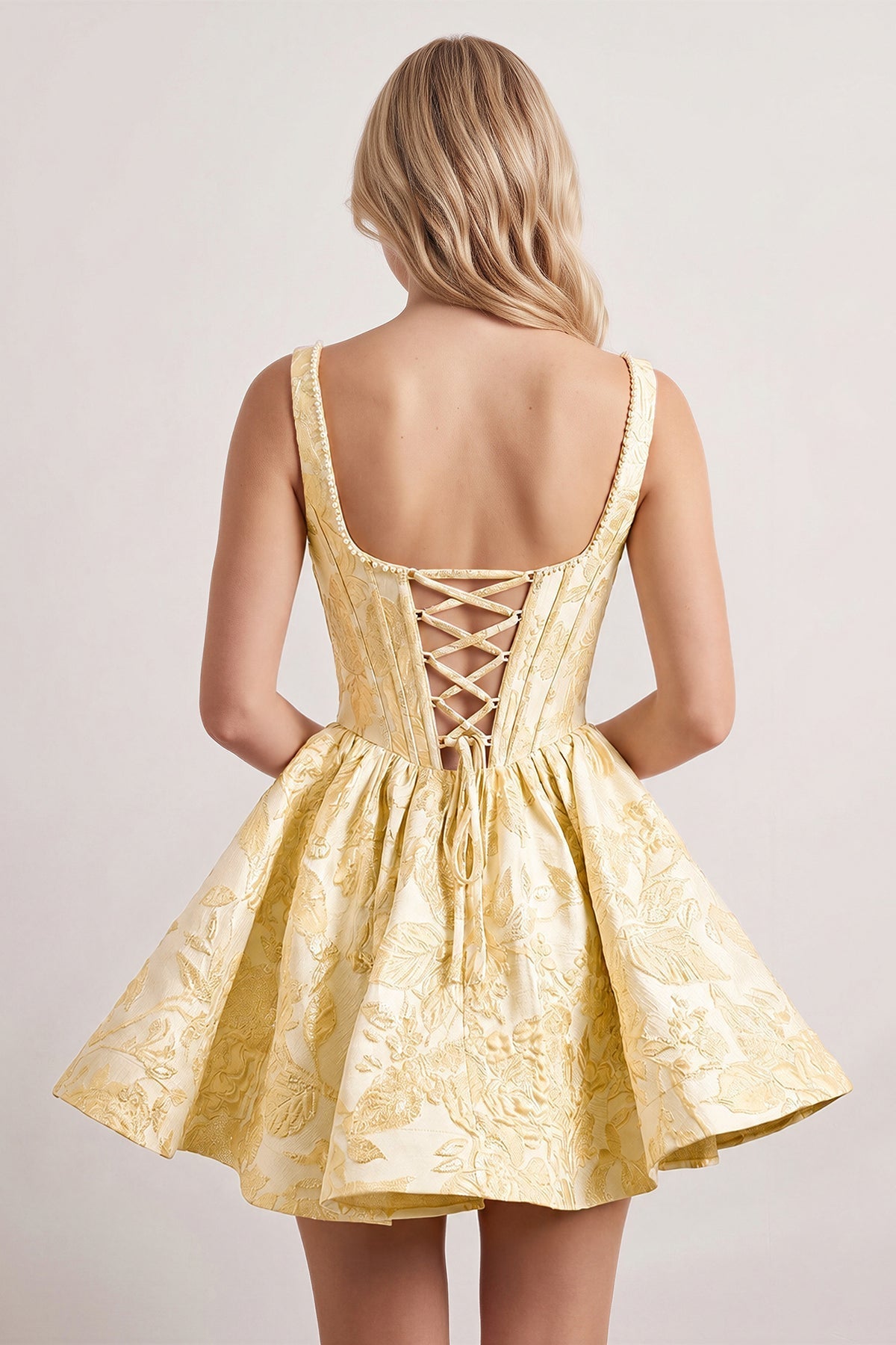 Blue A-Line Square Neck Jacquard Corset Homecoming Dress With Pearl - Curvevia