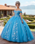 Big Bow Floral Flower Lace Applique Off Shoulder Ball Gown Quinceanera Dresses - Curvevia