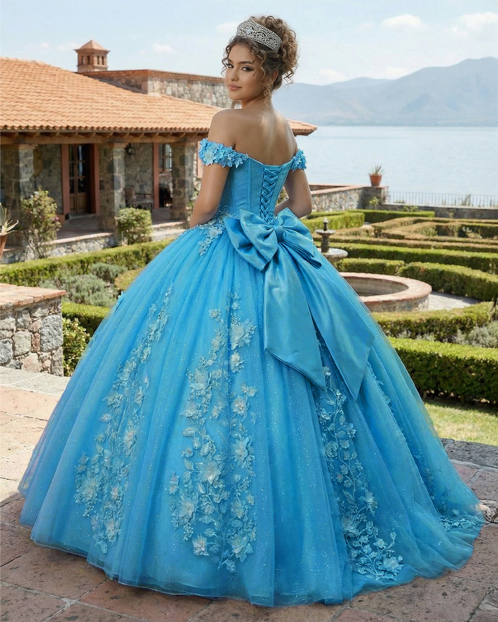 Big Bow Floral Flower Lace Applique Off Shoulder Ball Gown Quinceanera Dresses - Curvevia